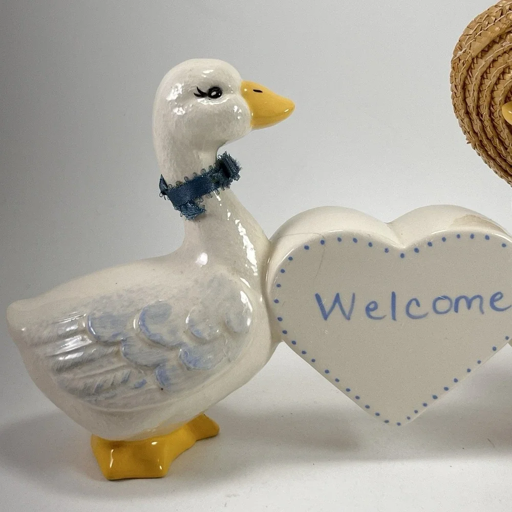 Vintage Goose Duck Figurine Welcome Blue Ribbon Hat Cottagecore Grandma Country